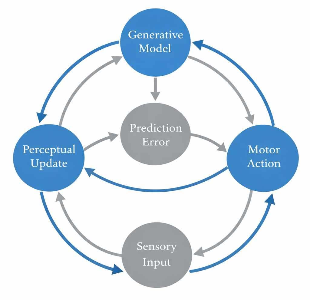 Circular diagram illustrating the active inference cycle, showing bidirectional flow between generative model, sensory data, and action for both perceptual inference and active inference routes